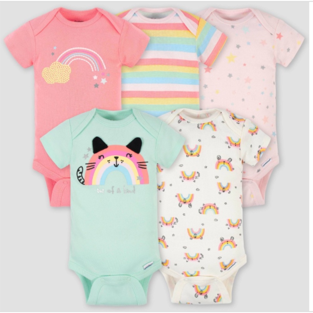 GERBER: Baby Girls' 5pk Rainbow Short Sleeve Onesies - Green/Pink/Cream
